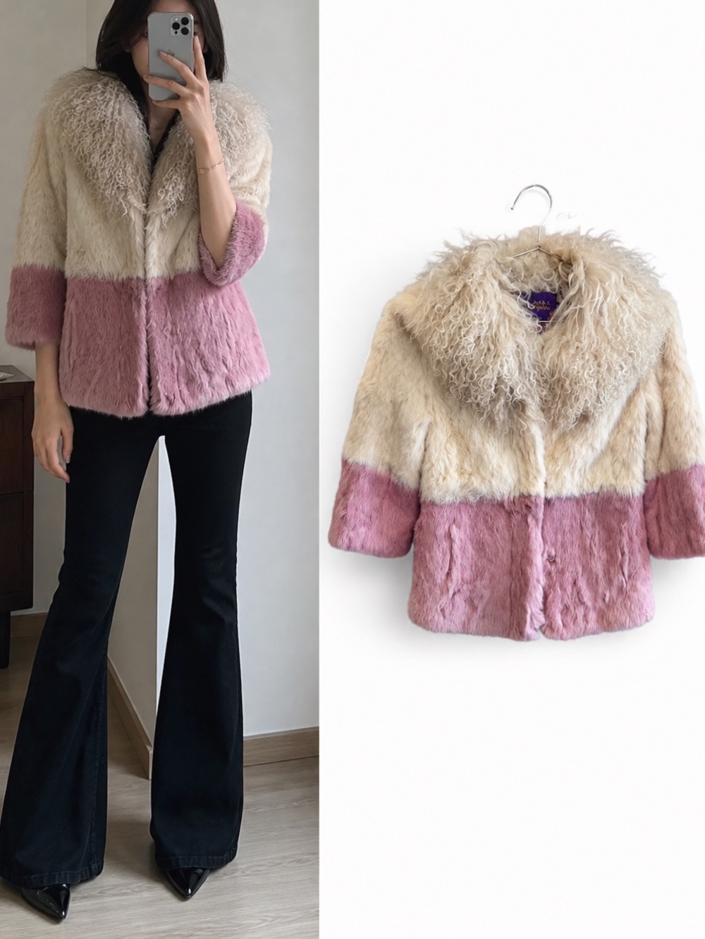 Vintage Real Fur Coat Cream & Pink Tibetan Lamb Collar Rabbit Fur Jacket
